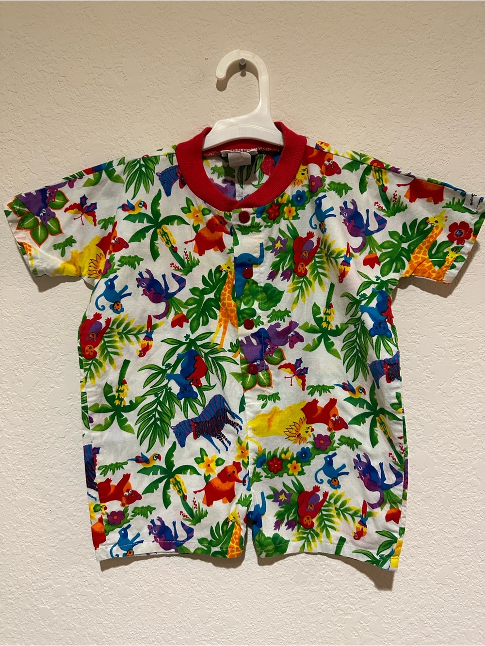Vintage 1987 Flap Happy Jungle Animals Short Sleeve Button Romper - Red Trim